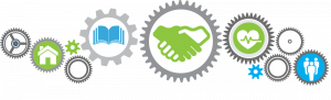 Decorative icon containing several gears suggesting an interconnected process
